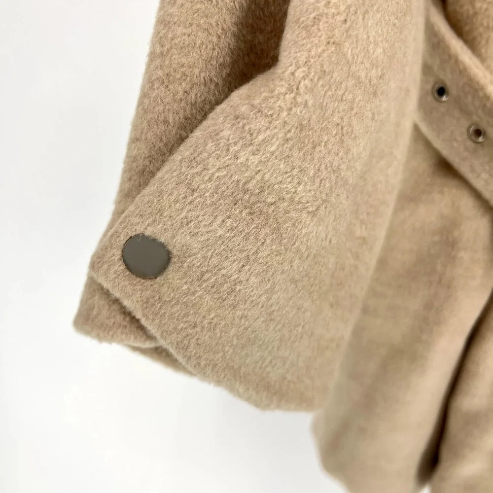THE KORNER Women's size S Khaki Double Breasted Belted High-neck Wool Blend Coat - Picture 5 of 7